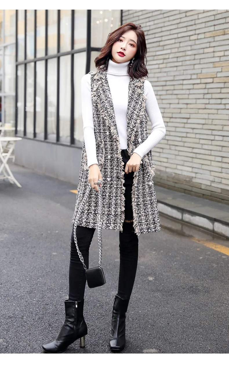 Graceful Tweed Casual Vest Women's Loose-Fit Korean-style Autumn And Winter Vest Retro Vest Waistcoat Coat Mid-length