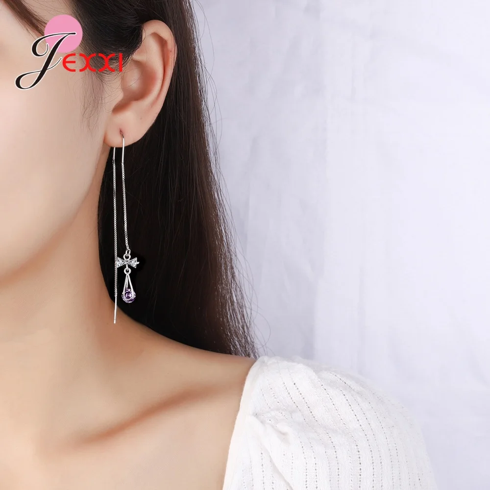 

Minimalist Long Tassel Drop Earring For Women Bow-knot Pendant Zircon Dangle Earrings Girl Statement Ear Line Jewelry