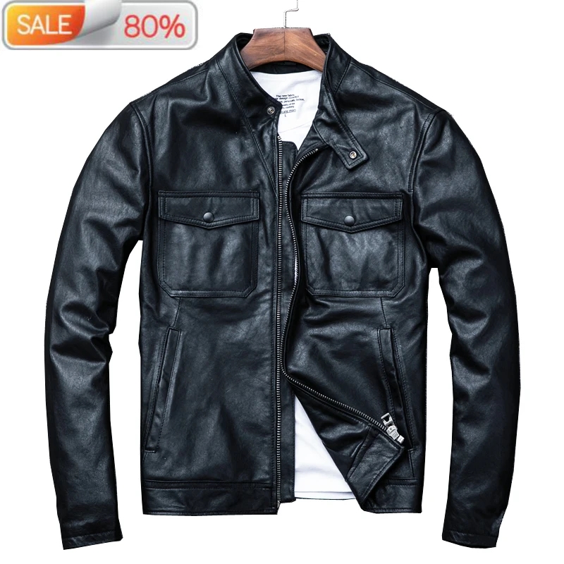 

Genuine Men Spring Sheepskin Coat Motorcycle Bomber Jacket Real Leather Coats Veste Cuir Homme B21917