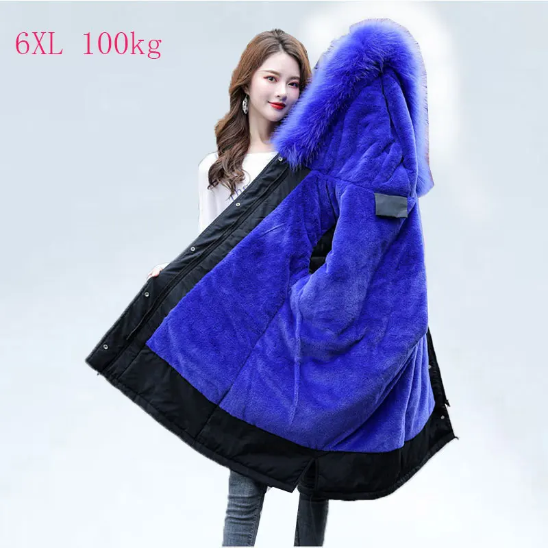 Зимняя женская куртка размера плюс 6xl, Толстая шерстяная подкладка, ватник, верхняя одежда, меховой воротник, пальто с капюшоном, Женская парка, Mujer