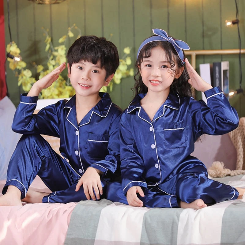 Blue Satin Silk Pajamas Sets for Teen Girls Boys Pyjamas Long/Short Sleeve Top Pants Pijama Set Autumn Kids Sleepwear Child Pjs