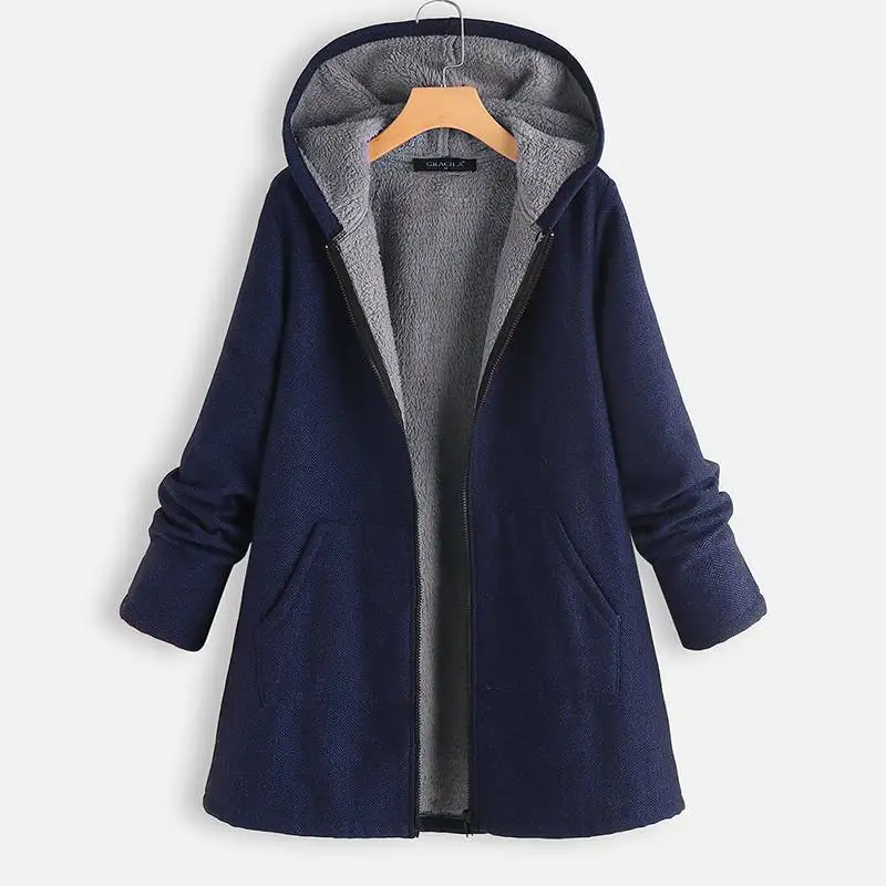 

Vintage Fleece Coats Women's Hooded Jackets Winter Warm Casual Long Sleeve Outwears Female Zipper Cardigans Plus Size Overcoats