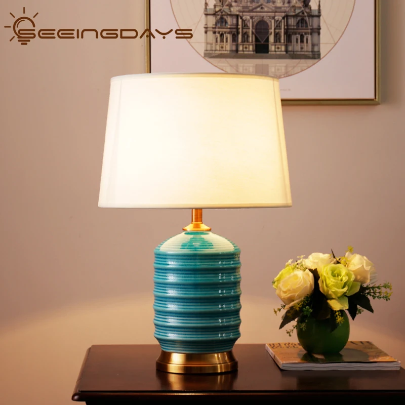 Nordic Simple Blue Ceramic Table Lamp for Bedroom Living Room Study Room Bedside Lamp Household Decorative Ceramic Table Lamp
