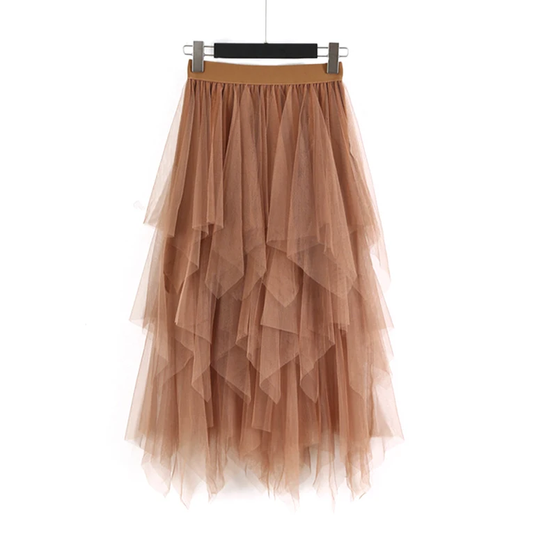 Khaki Фея длинная юбка из фатина Женская мода серый розовый эластичная талия многоярусные асимметричные юбки женские элегантные тюль плиссированные вечерние - Цвет: Khaki