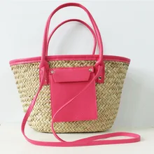 

Luxury PU Leather Splice Straw Women's Handbags Large Capacity Rattan Bucket Shoulder Bag Woman Bohemia Wicker Weave Women's Bag