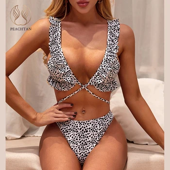 

Peachtan Polka dot swimsuit female Ruffled bikinis 2020 mujer High cut swimwear women Extreme bikini Bathers bathing suit new