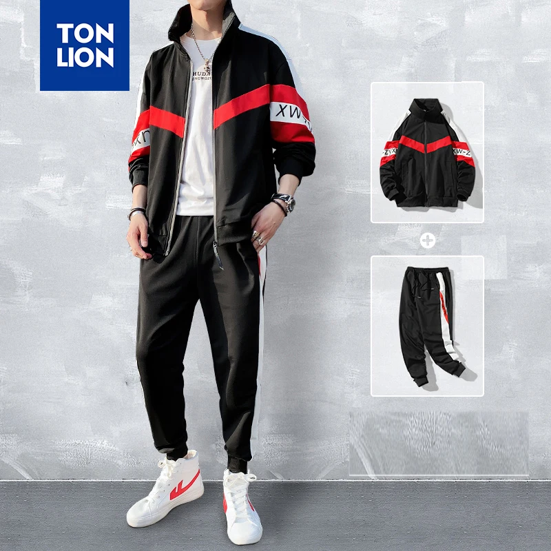 

TONLION Fashion Sporting Tracksuit Men Set Black Red Men Clothes Patchwork Zipper Fly Jacket and Pants Full Length 2020 Spring