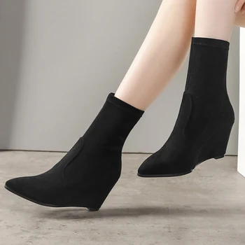 

Elegant Side Zipper Shoes Woman Cow Suede Leather Pointed Toe Wedged High Heels Ankle Boots Winter Party Winter Boots