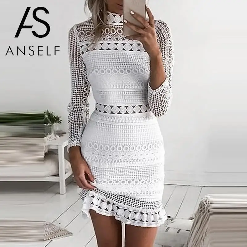 

Sexy Hollow Out Lace Dress Women Elegant Ladies Bandage Dress Long Sleeve White Dress 2019 Autumn Chic Party Dress vestidos robe
