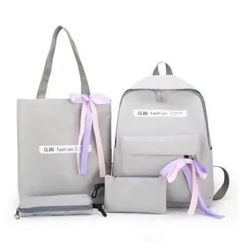 

4pcs Women Canvas Backpack School Daypack Schoolbag for Teenagers Girls Shoulder Bag Student Pencil Case Purse Set