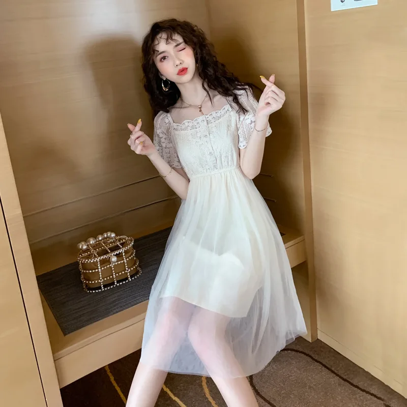 

WOMEN'S Dress 2019 Summer xin ming yuan Elegant Lace Horizontal Neck High-waisted Slimming Medium-length A- line Skirt