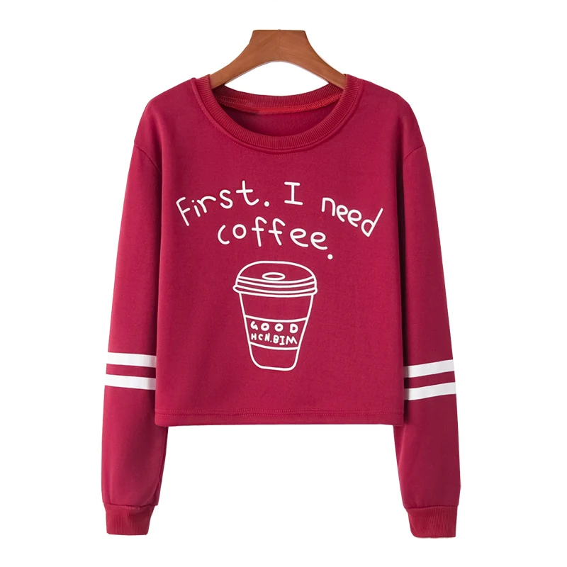Женская укороченная толстовка с надписью First I Need Coffee Повседневная Толстовка