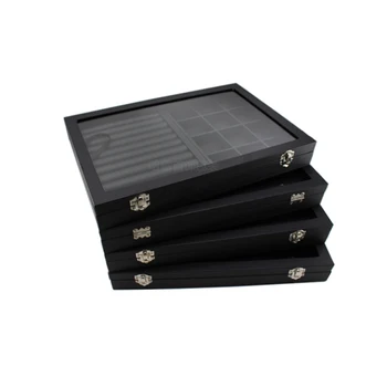 

Big PU Black Carrying Case with Glass Cover Jewelry Ring Display Box Tray Holder Storage Box Organizer Earrings Ring Bracelet Bo