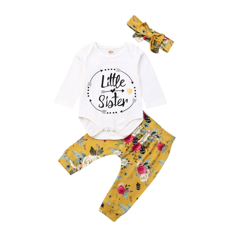 Baby Girl Clothes Set Newborn Toddler Autumn Long Sleeve Floral Top Letter Bodysuit Floral Pants Headband Outfit 3PCs
