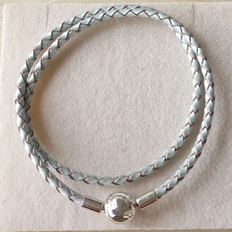 New light Blue leather bracelets for women jewelry without charm fit beads charms DIY with 925 sterling silver clasp clip PL008
