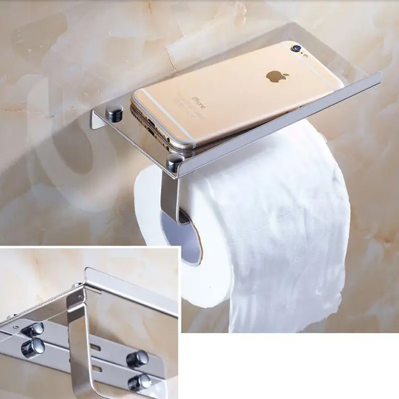 Stainless Steel Bathroom Toilet Paper Holder Roll Paper Dispenser Stand, with Phone Holder Shelf, Silver
