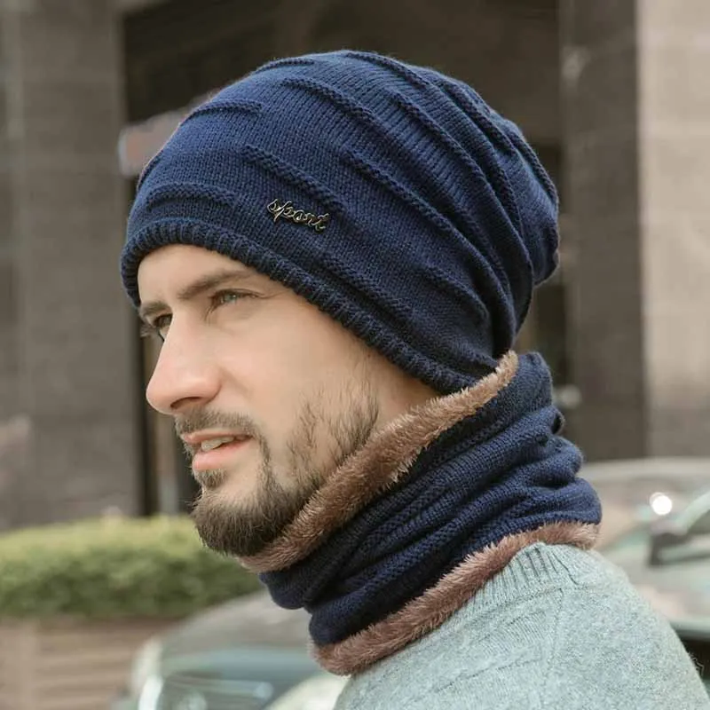 Шапочка-шарф, комплект для мужчин, Осень-зима, Толстая теплая пушистая вязаная шапка, воротник, Теплый головной убор для активного отдыха - Цвет: QJ2307ZQ