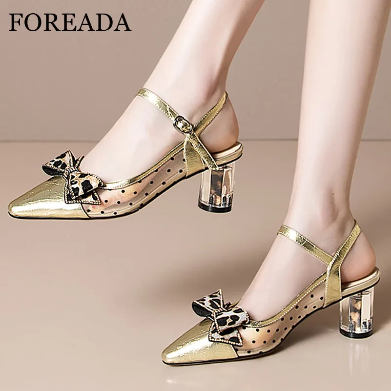 

FOREADA Woman Bow Slingbacks Shoes Buckle Strap High Heels Rhinestone Block Heel Pumps Leopard Pointed Toe Female Footwear 34-42