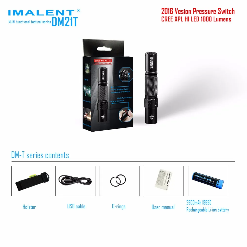 

IMALENT DM21T LED Flashlight CREE XPL HI 1000LM Rigid Lamp Flashlight USB Flashlight + 18650 Self-Defrosting Battery