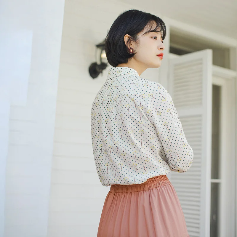 

INMAN 2020 Spring New Arrival Literary All-match Lapel Single-breasted Convallaria Majalis Printed Long Sleeve Blouse