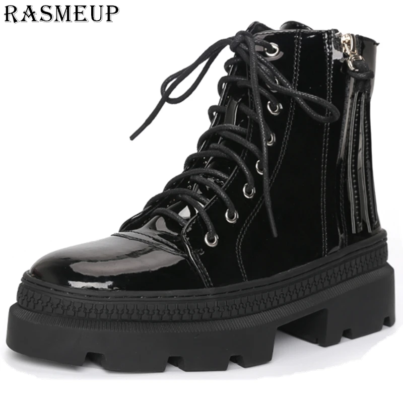 RASMEUP/Женские ботинки в байкерском стиле из лакированной кожи на массивном каблуке; коллекция года; сезон осень-зима; теплые женские ботильоны; модная женская обувь на платформе