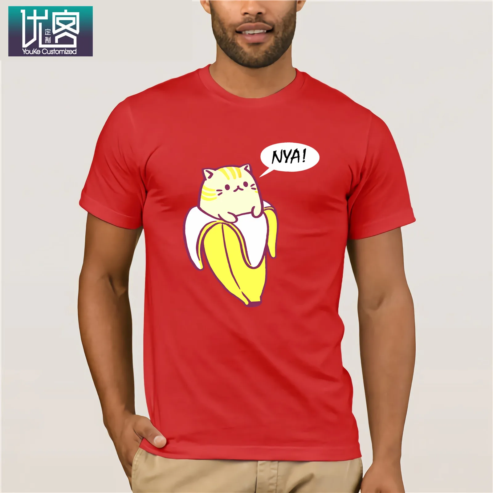 Футболка Bananya Banana с забавным котом, потрясающие Уникальные повседневные футболки с коротким рукавом, одежда из хлопка, Винтажная футболка с вырезом лодочкой - Цвет: red