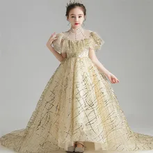 Высококачественное детское роскошное праздничное платье принцессы с блестками и длинным шлейфом для девочек; Детские костюмы для подростков; платье для хоста