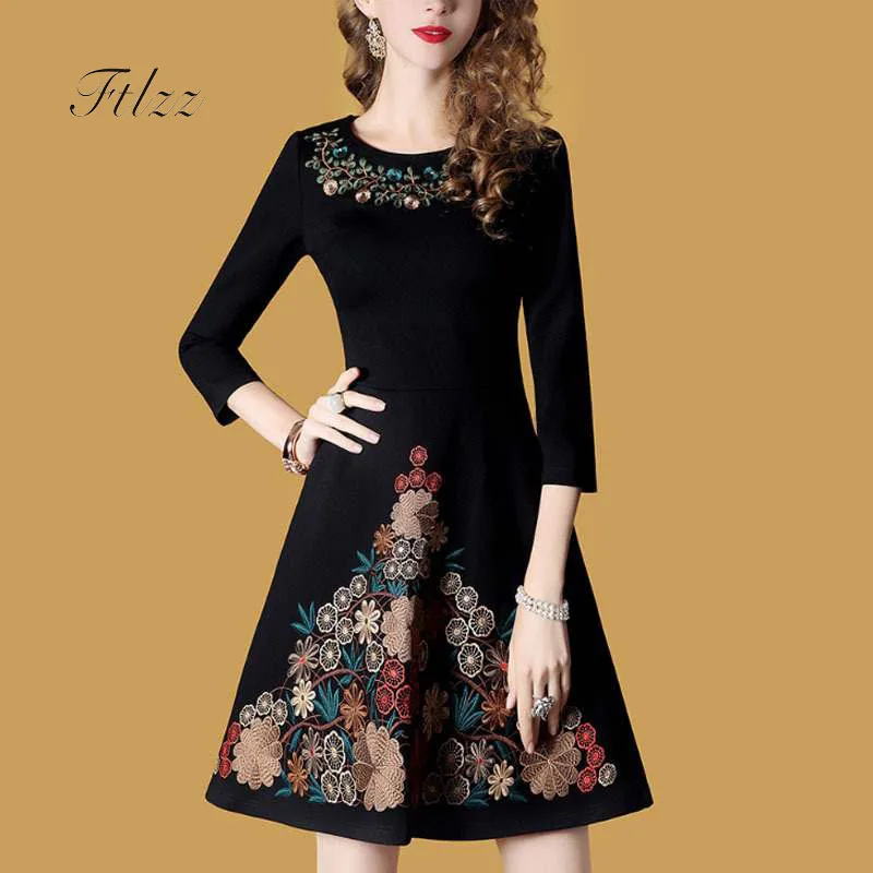 

Vintage Embroidery Dress Women Slim A-line Black O-neck Office Dresses Vestidos 2019 New Spring Autumn Long Robe