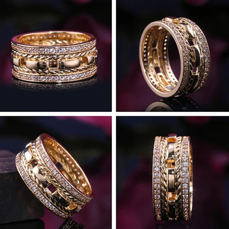Handmade Eternity Promise Gold Crystal Ring AAA CZ Zirconia Engagement Wedding Band Rings for Women Men Finger Party Jewelry