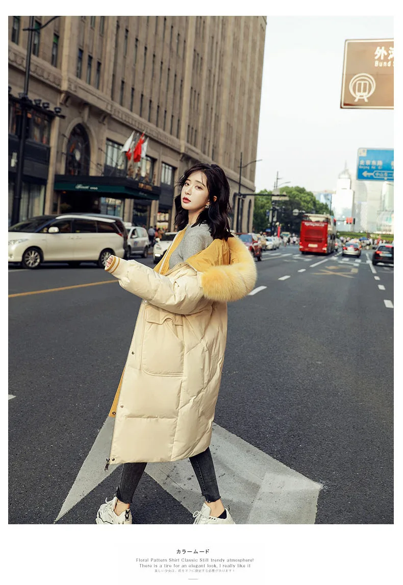 Down Jacket Women's New Style Korean-style Slim Fit Slimming Mid-length over-the-Knee Hooded Thick Large Fur Collar down Fe
