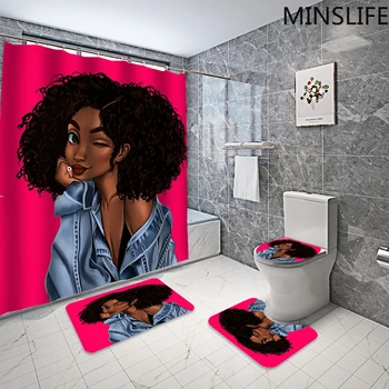 

Sexy Cute Winking African Girl Shower Curtain/Bath Mat/Toilet Pad Set Fiery Red Pattern Anti-slip Carpet Flannel Bathroom Rugs