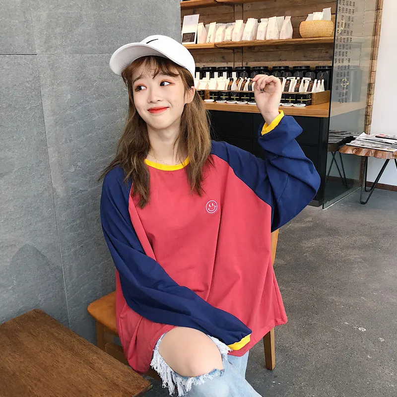 Ulzzang Осенняя длинная Повседневная футболка большого размера с длинными рукавами женская Милая футболка с круглым вырезом и вышитым смайликом