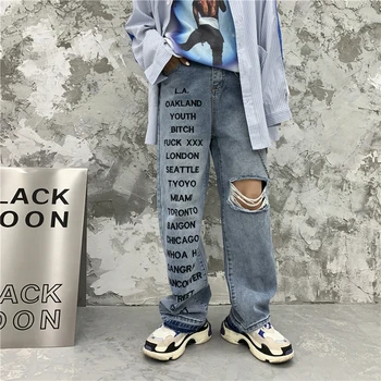 

Autumn New Hole Jeans Men Fashion Wash Letter Printing Casual Denim Pants Man Streetwear Wild Hip Hop Loose Straight Jeans