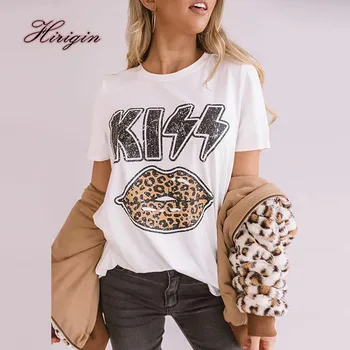 

Summer Short Sleeve T-shirt Adults Creative Letter Leopard Print Lip Printing Round Collar Loose Top Casual Base Shirt