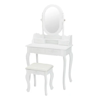 

Dressing Table with Mirror and Stool 4 Drawers Adjustable Vanity Table Set Makeup Dresser Bedroom Furniture