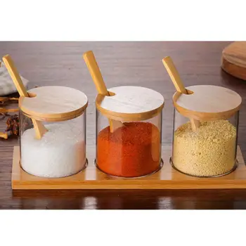 

Kitchen Glass Seasoning Jars Set with Wooden Spoon and Tray Creative Seasoning Container Condiment Pot (3-piece Set)