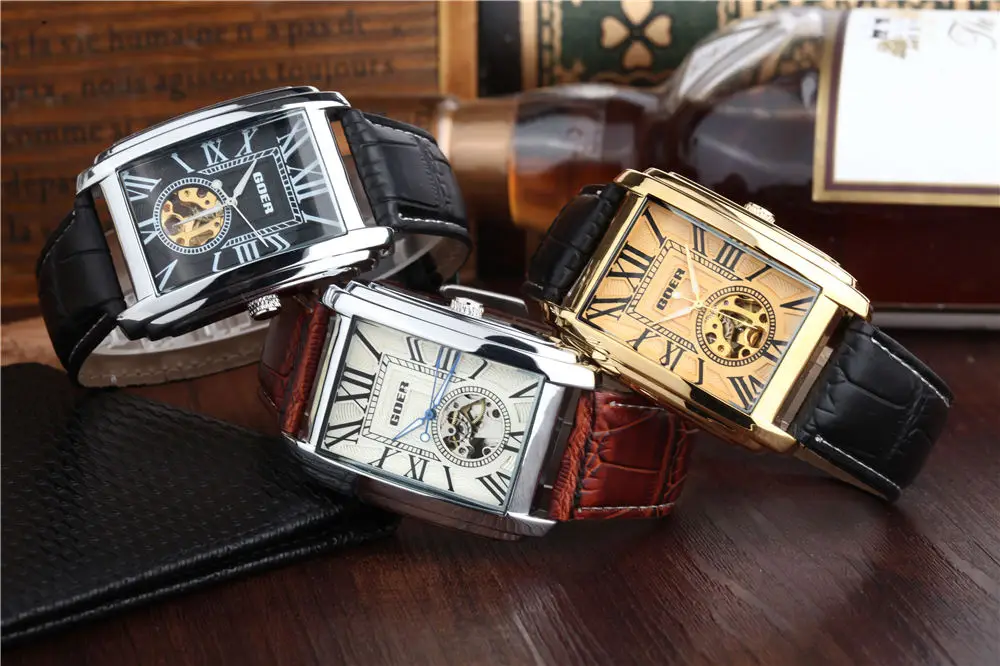 2020 Relogio Masculino Fashion Rectangle Watches Men Wristwatches GOER Automatic Mechanical Watches Cheap Price Dropshipping