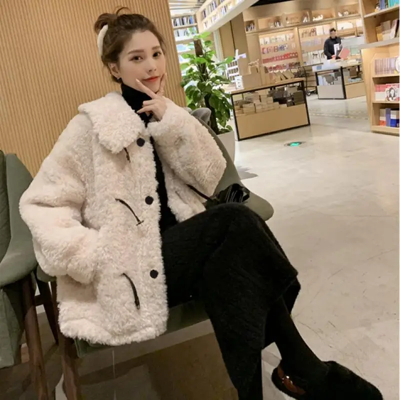 beige Женское осенне-зимнее элегантное пальто из искусственного меха, Женская утолщенная теплая короткая повседневная куртка из овечьей шерсти, новая однотонная плюшевая верхняя одежда N157 - Цвет: beige