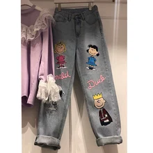 Женские джинсы на весну и осень, новинка, женские джинсы с мультяшным принтом, высокая талия, прямые Джокер, повседневные джинсы для студентов