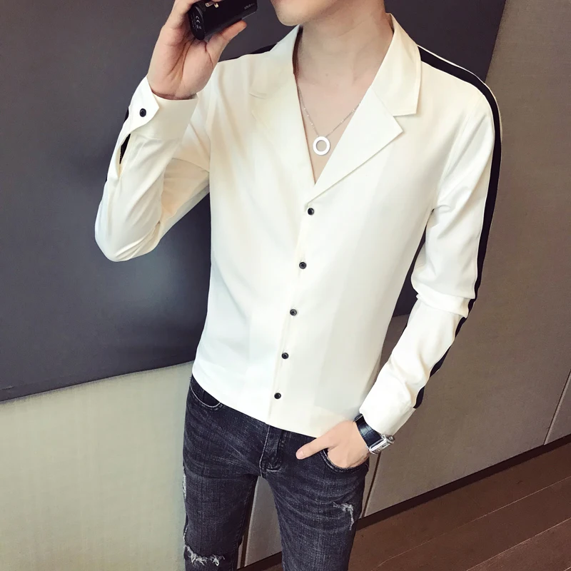 Белый Camisa hombre, Осень-зима, новинка, уличная одежда, мужские рубашки, мода, пэчворк, цвет, длинный рукав, светская рубашка для мужчин, блузка для мужчин - Цвет: Белый