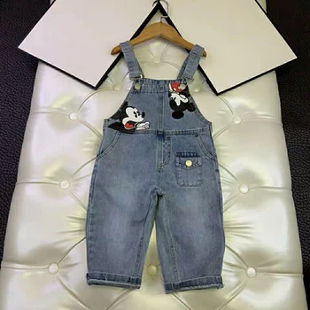 

Spring Summer girls suspender capris baby denim overall kids rompers children strap jumpsuit mickey print pocket 4 to 14 yrs