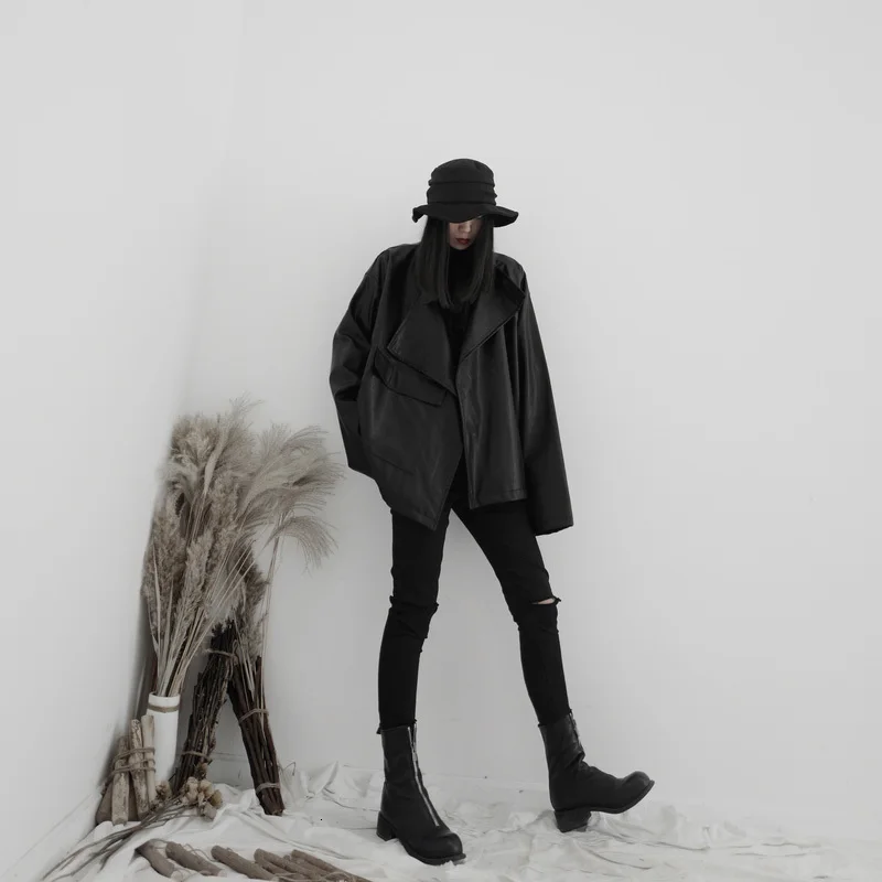 lower price  [EAM] Loose Fit Big Size Asymmetrical Pu Leather Jacket New Lapel Long Sleeve Women Coat Fashion Au