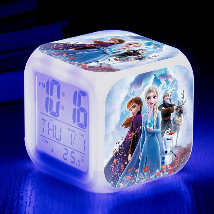 New Arrival Fire Lizard Princess Olaf Elsa Clock Alarm With LED Colorful Light Clock Kids Party Gift Princess Pvc Doll For Girls