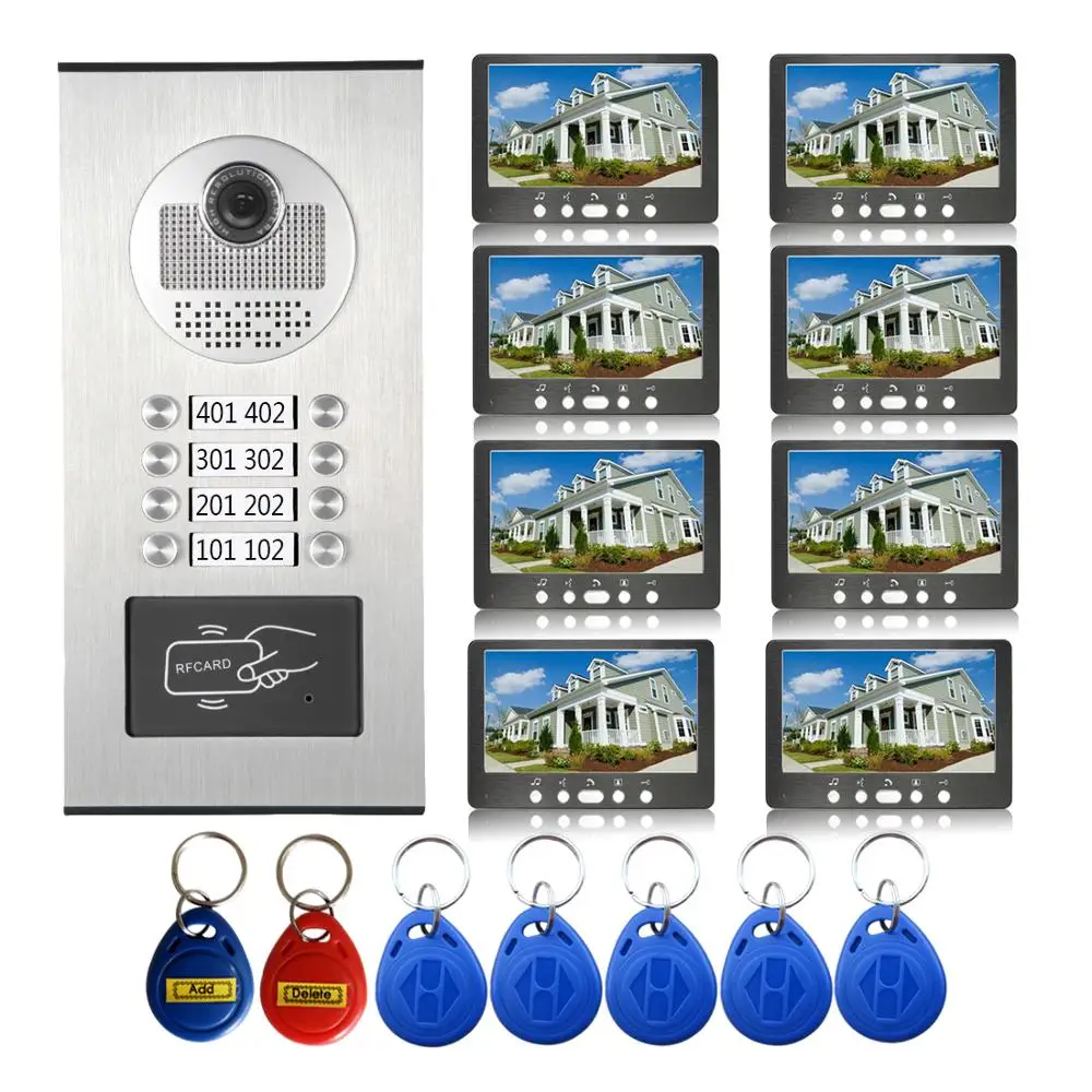 

RFID Access Unlock Door Intercom 7 Inch LCD Video Door Phone Visual Intercom Waterproof Outdoor Camera System For 8 Apartment