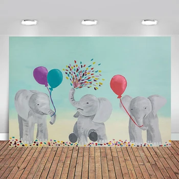 

Photo backdrop Three happy little elephants holding balloons in their trunks New vinyl background photography photography props