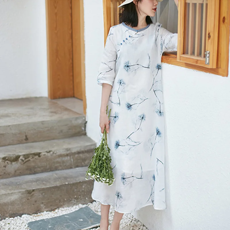 Frauen Sommer повседневное Kurzarm Langes пластина Кнопка цветочный принт Макси Kleid Rollkragen Elegante Kleider Vestido - Цвет: Белый