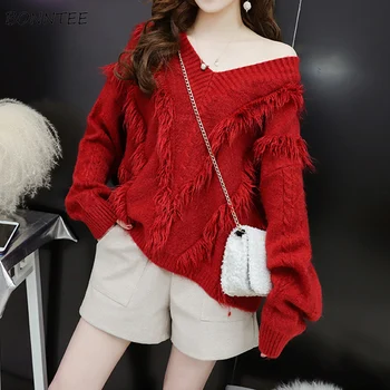 

Sweaters Women V-Neck Elegant New Tassel Ladies All-match Soft Knitting High Quality Warm Casual Womens Top Pullover Clothing