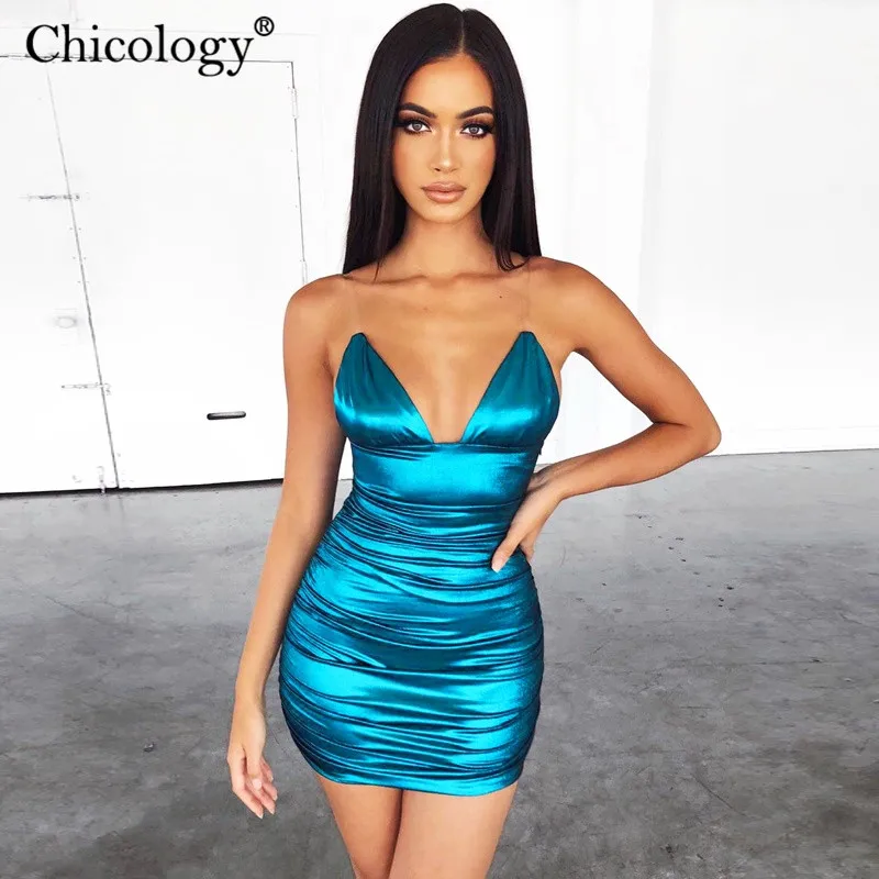 Chicology прозрачным ремешком ruched клуб Мини платье для женщин bodycon платья пикантные