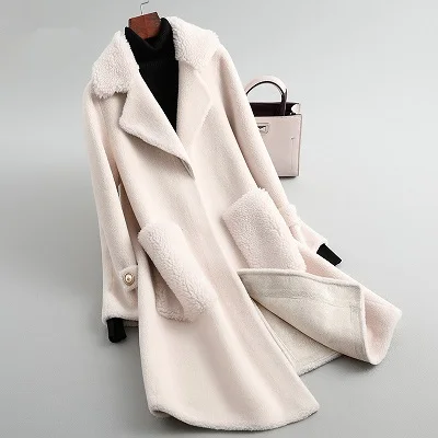Off white Модное пальто с мехом Женское пальто Осень Зима Новая высококачественная Длинная шерстяная куртка с мехом Корейская Свободная Женская Шуба из овечьей шерсти - Цвет: Off white