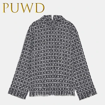 

PUWD 2019 Autumn and winter new style women's long sleeve Mock Neck fur edge decoration layer twill soft woolen sweater
